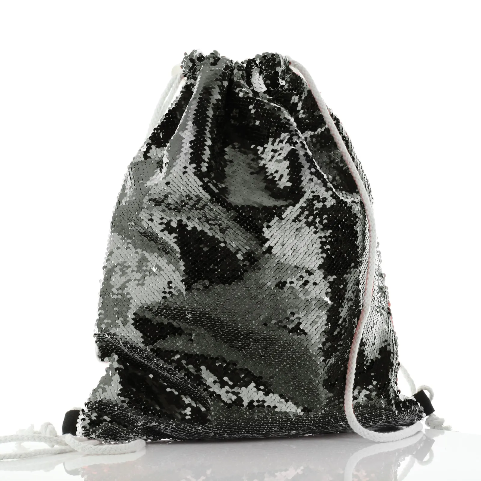 Personalised Sequin Drawstring Backpack with Stylish Text and Valentine Hearts Print