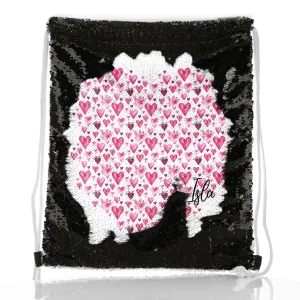 Personalised Sequin Drawstring Backpack with Stylish Text and Valentine Hearts Print