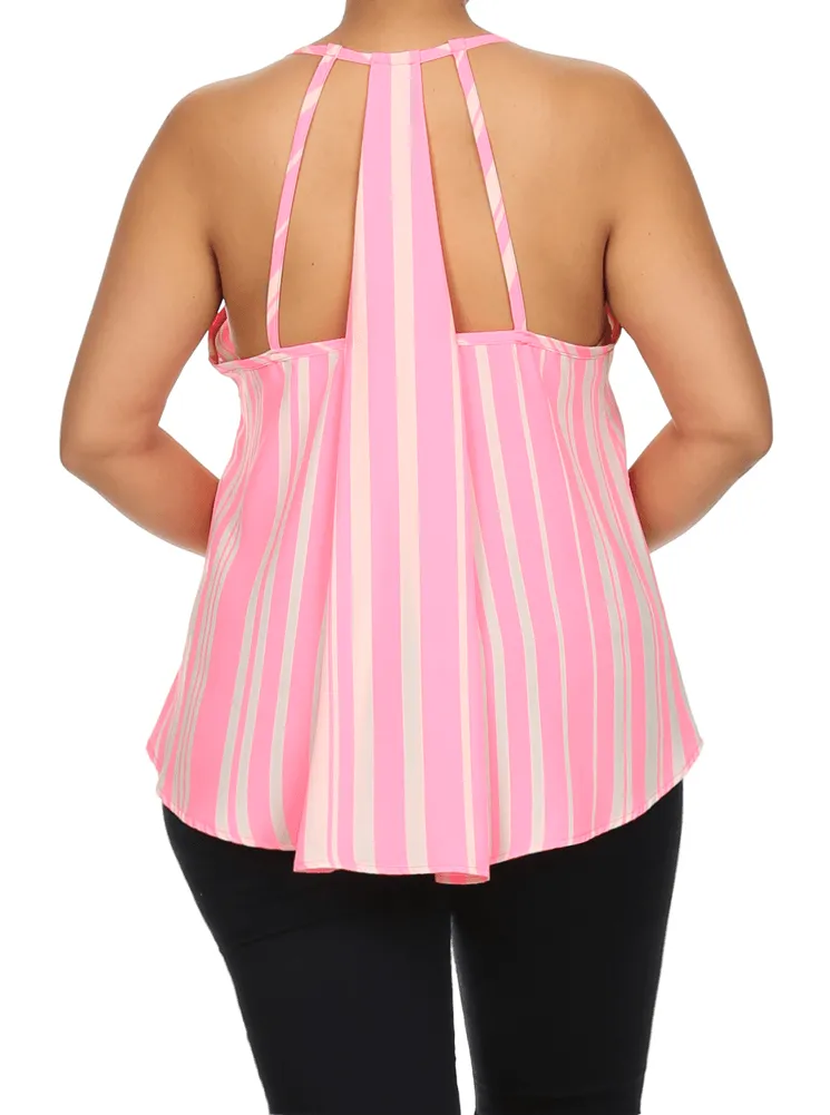 Plus Size Breezy Striped Neon Pink Chiffon Top