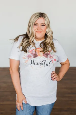 "Thankful" Pumpkin Graphic Tee- Heather Grey