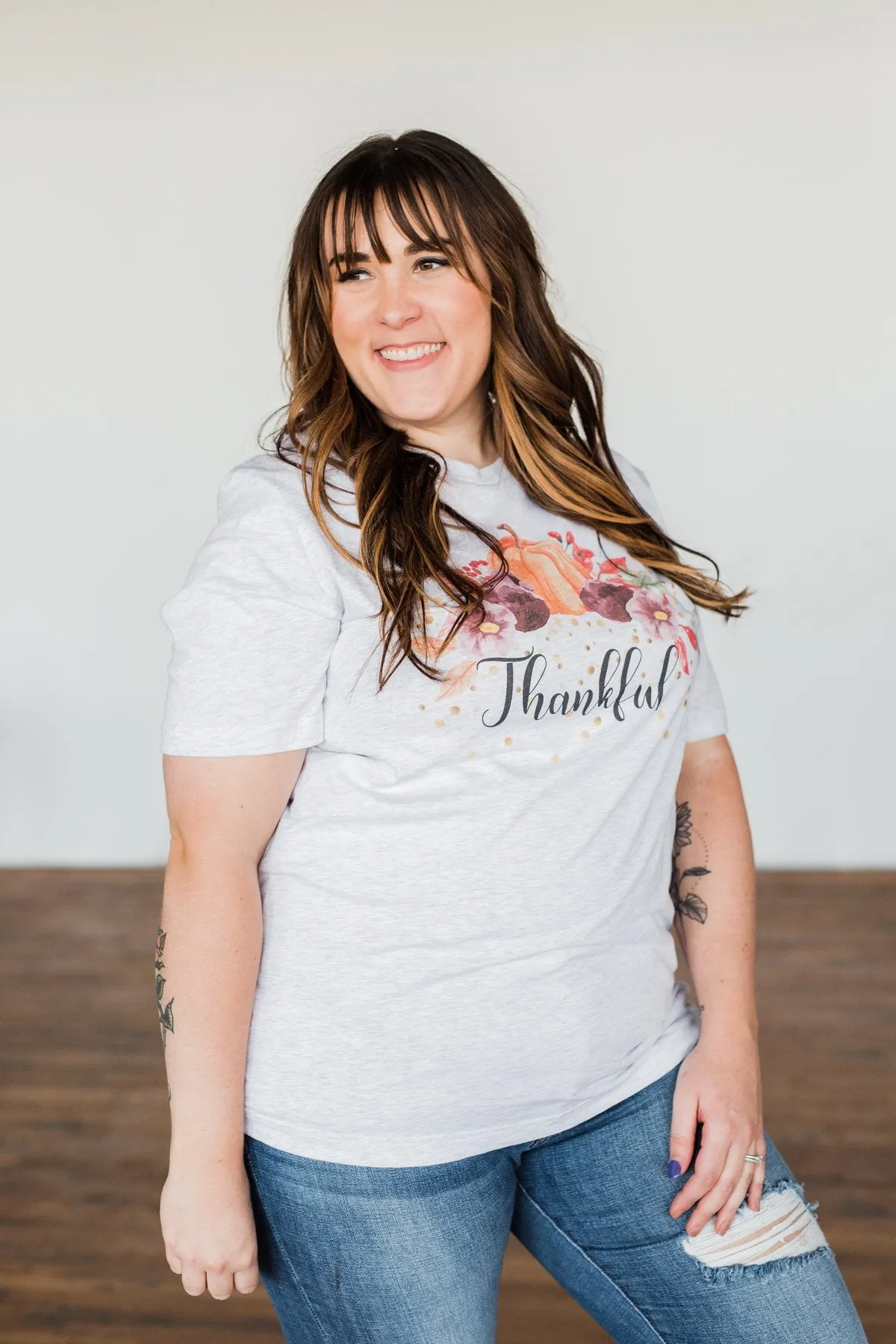 "Thankful" Pumpkin Graphic Tee- Heather Grey