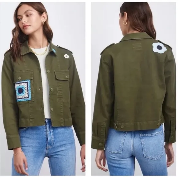 RAILS Tuli Button Down Military Jacket Olive Women’s Sz M Organic Cotton Crochet