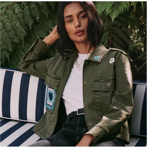 RAILS Tuli Button Down Military Jacket Olive Women’s Sz M Organic Cotton Crochet