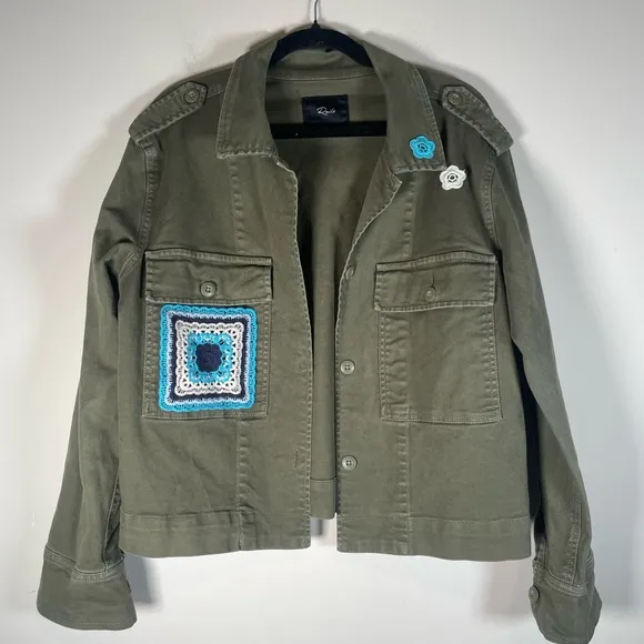 RAILS Tuli Button Down Military Jacket Olive Women’s Sz M Organic Cotton Crochet