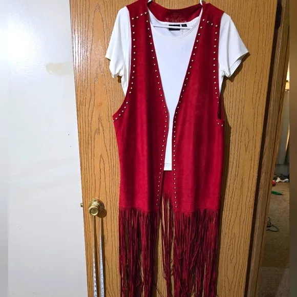 Rare Red Fringe Vest with Studs Plus Sz
