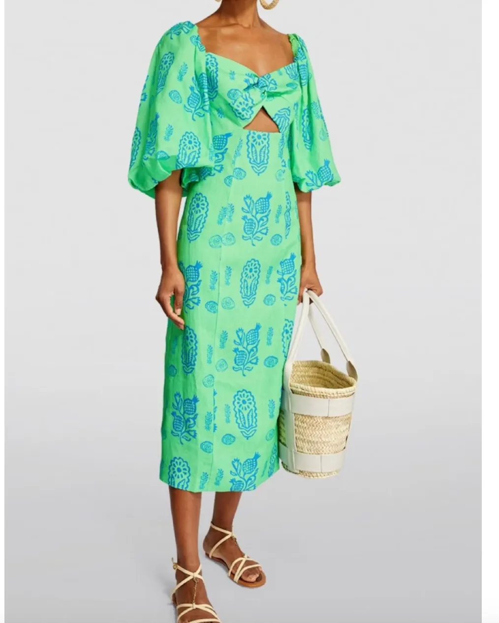 Rhode Resort Green Linen cut-out Noa Midi Dress k UK 10
