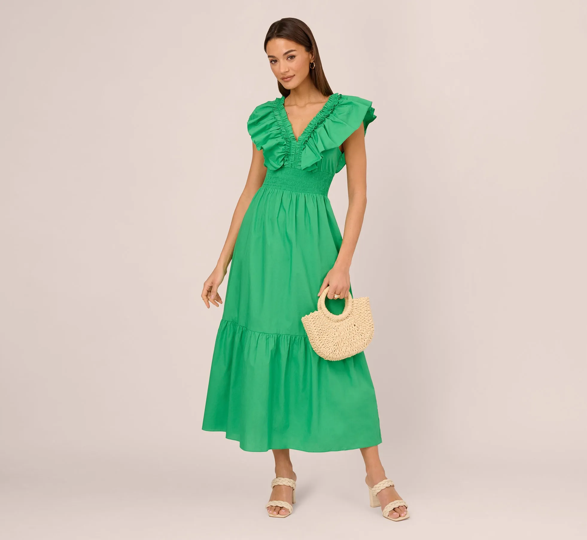Ruffled Maxi Dress With Shirred Details In Green