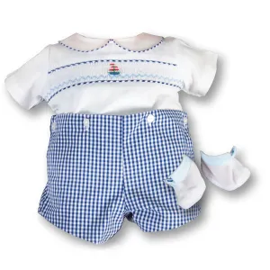Sailboat Doll Smocked 20" Blue Gingham Short Set w/Shoes