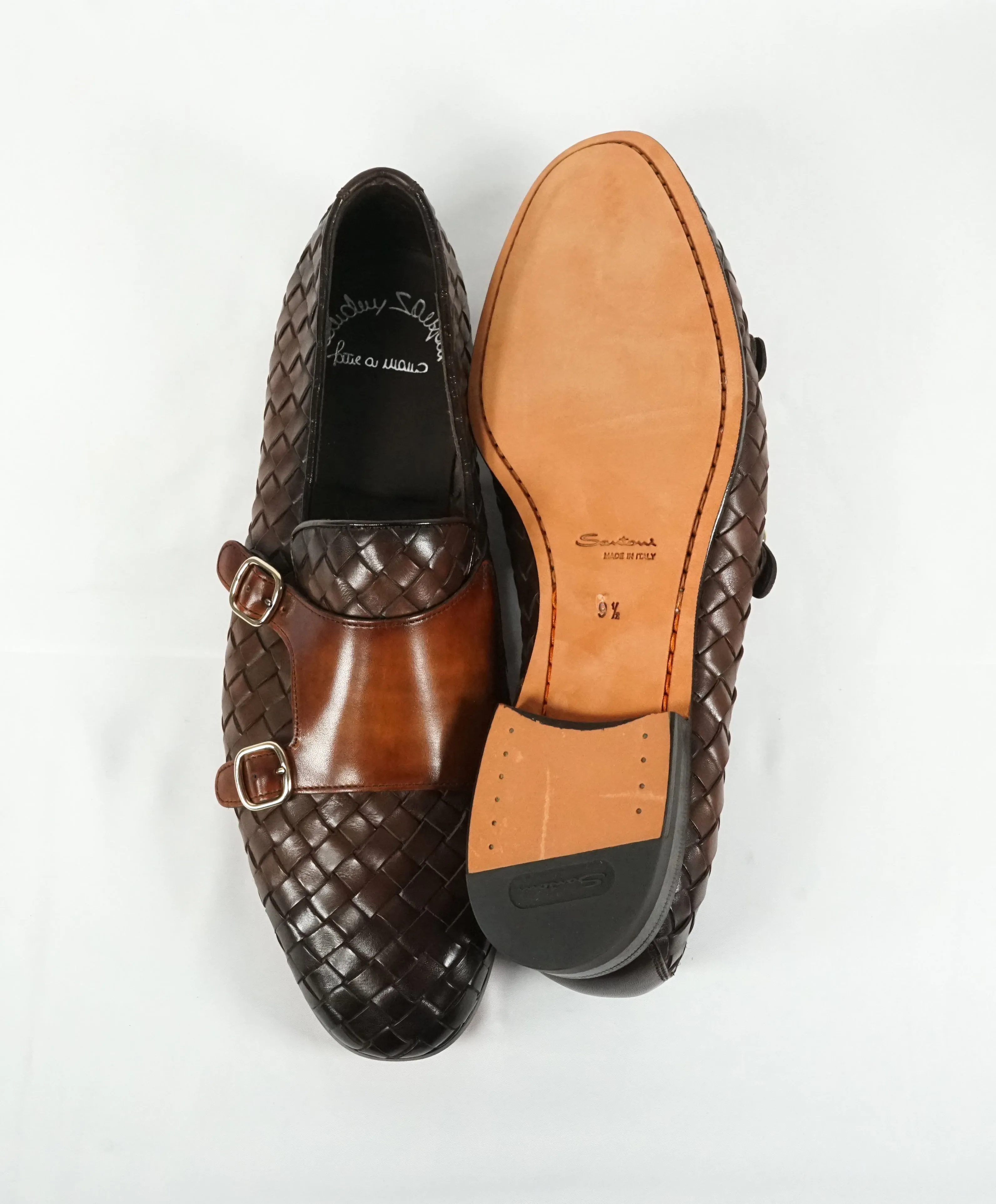 SANTONI - Brown Hand-Antiqued Woven Leather Monk Strap Loafers - 10.5