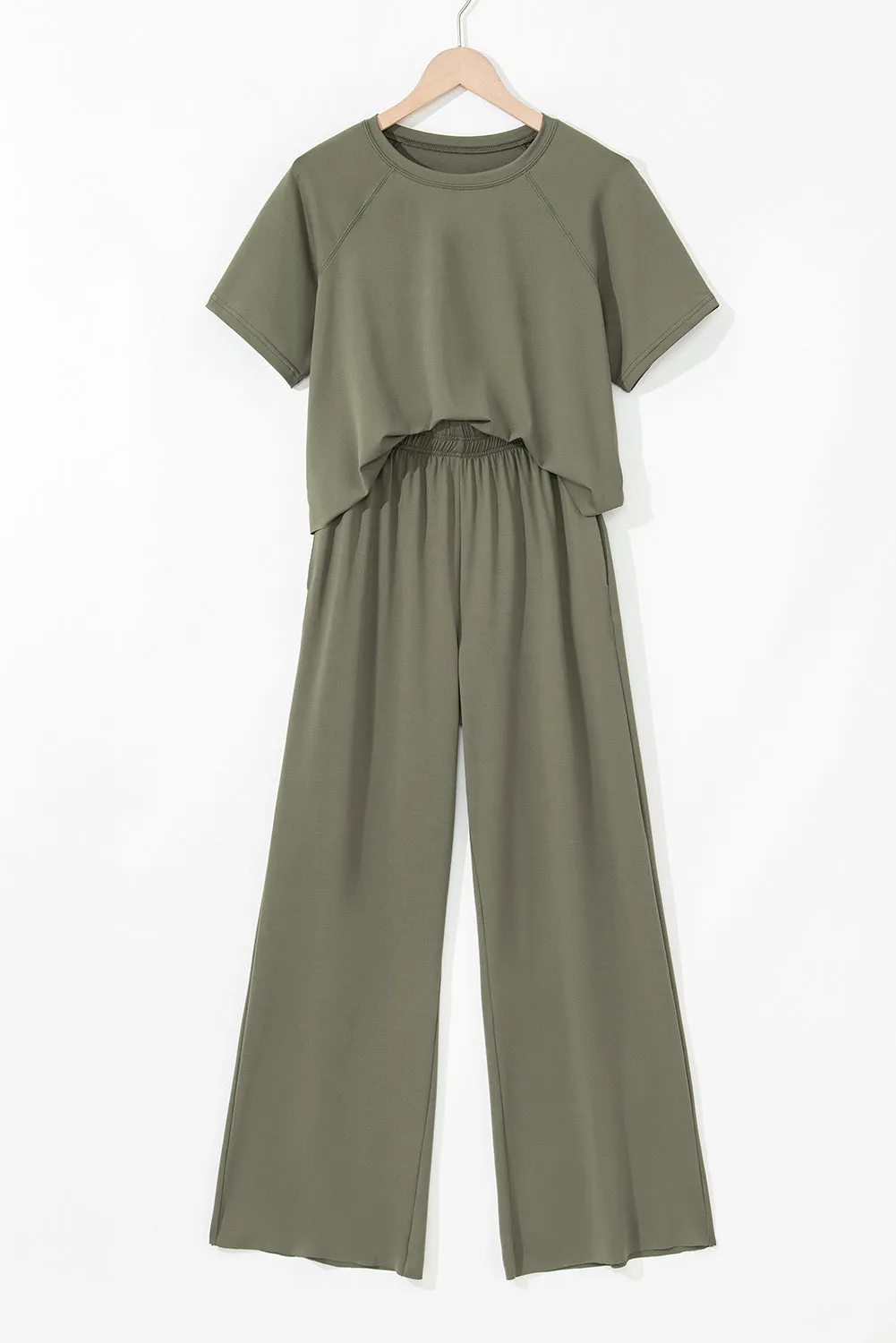 Seagrass Raw Hem Loose Tee and Wide Leg Pants Set