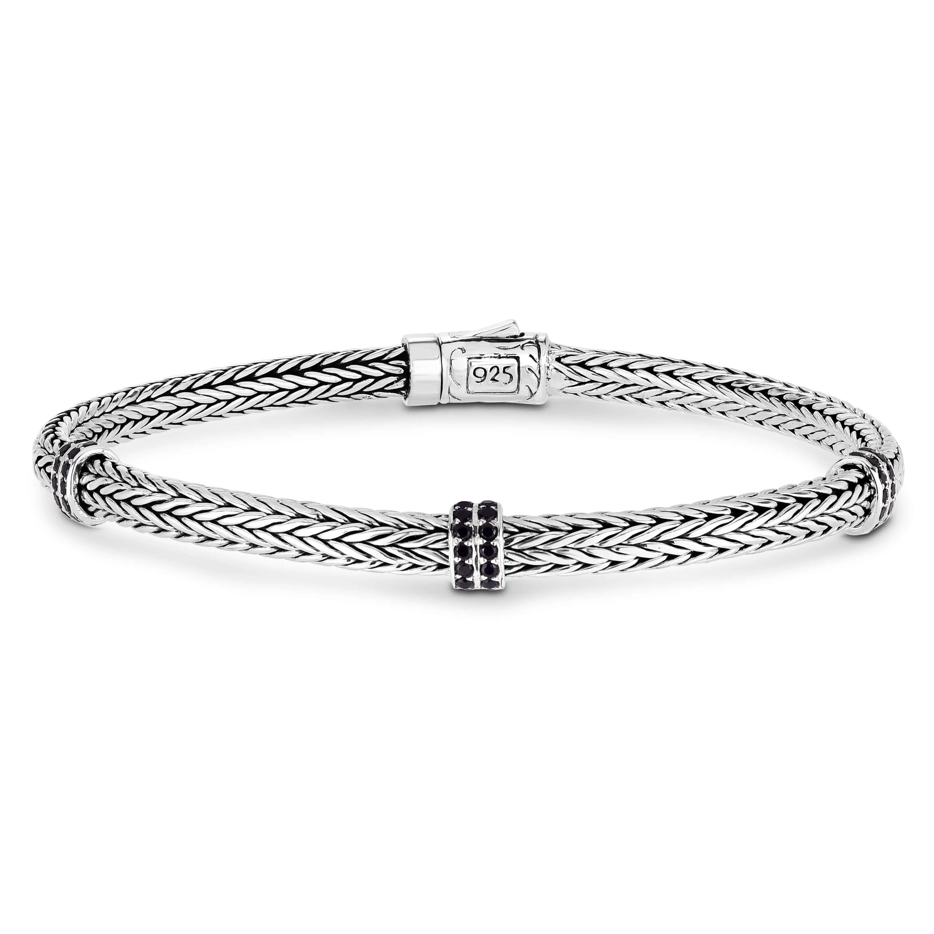 Silver Mini Black Spinel Woven Bracelet