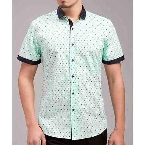 Slimming Stylish Leaves Print Color Block Men's Turn-Down Collar Short Sleeve Shirt - Green L