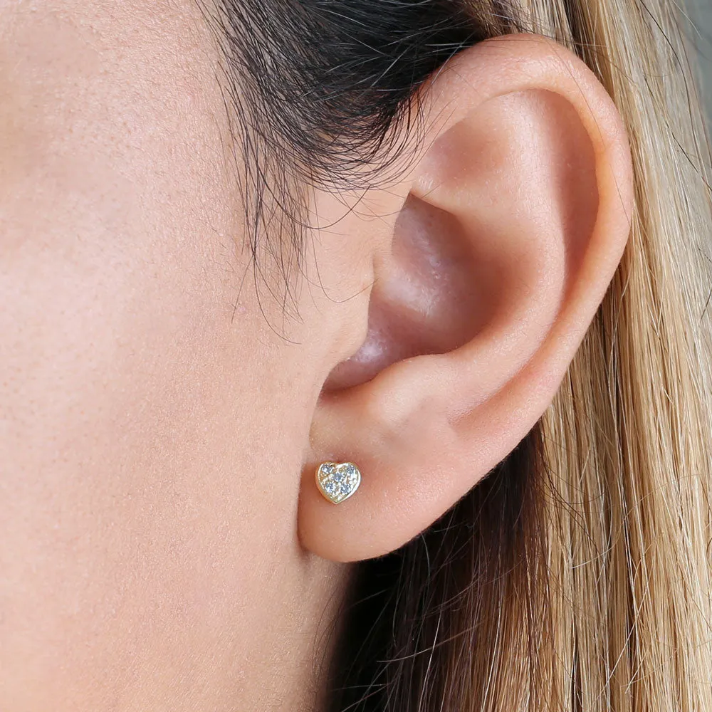Solid 14K Yellow Gold Stylish Heart Round Clear CZ Earrings