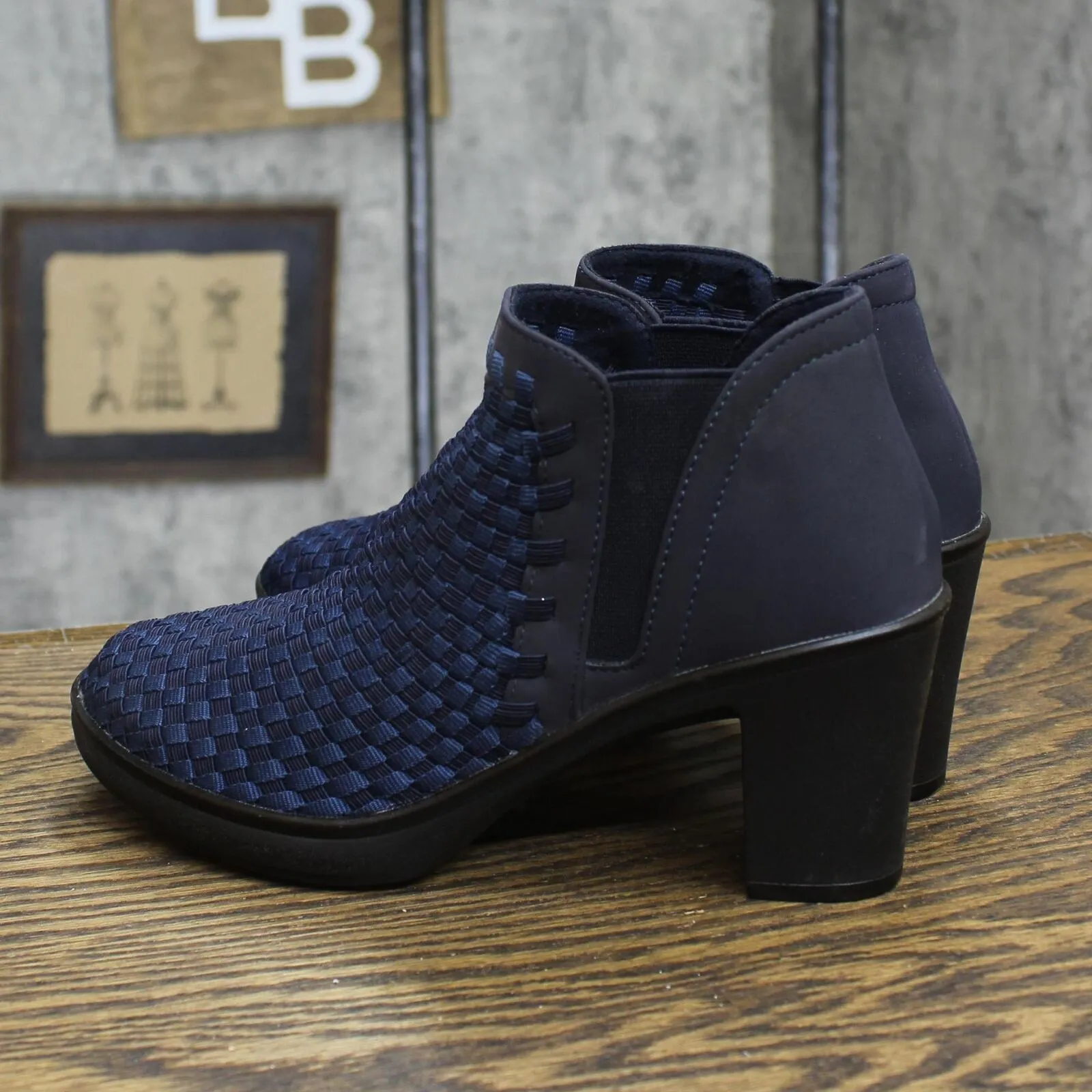 Steven by Steve Madden Enda Cross Weave Block Heel Booties Navy Blue 6.5