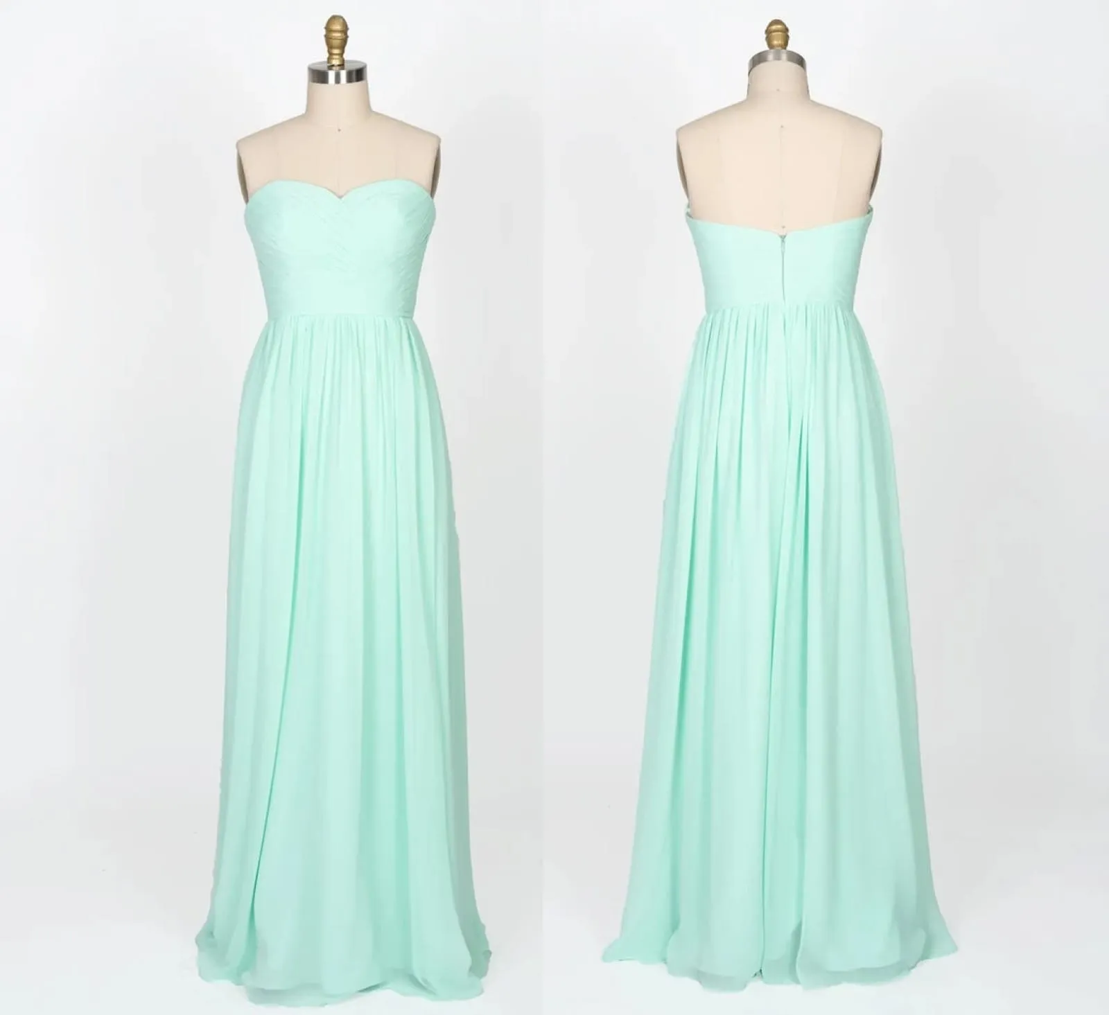 Strapless Sweetheart Mint Green Chiffon Long Bridesmaid Dress