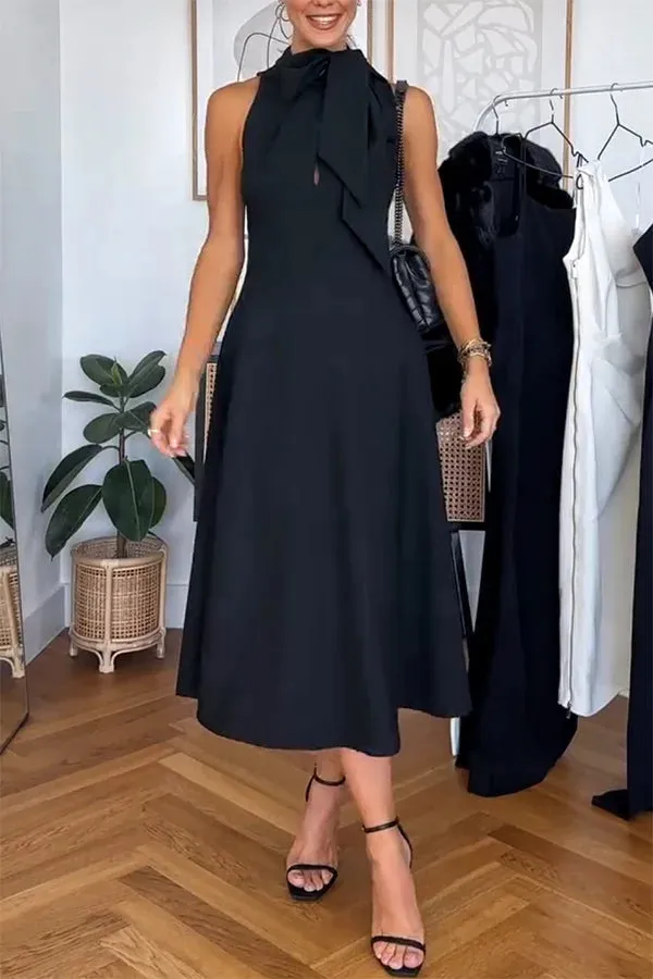 Stylish and Classic Unique Bow Tie Accent Pocketed Flare Midi Dress