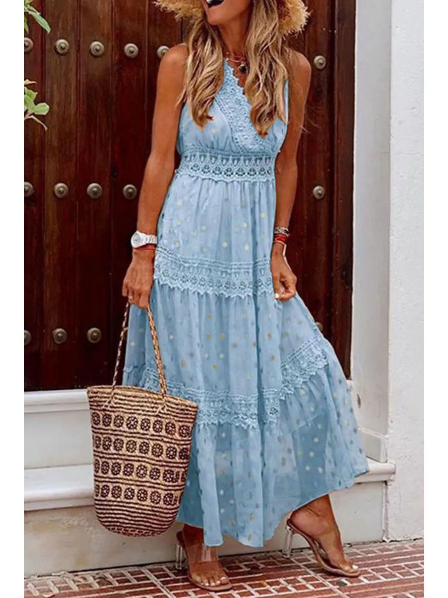 Stylish PolkaDots Print Lace V-Neck Maxi Dress