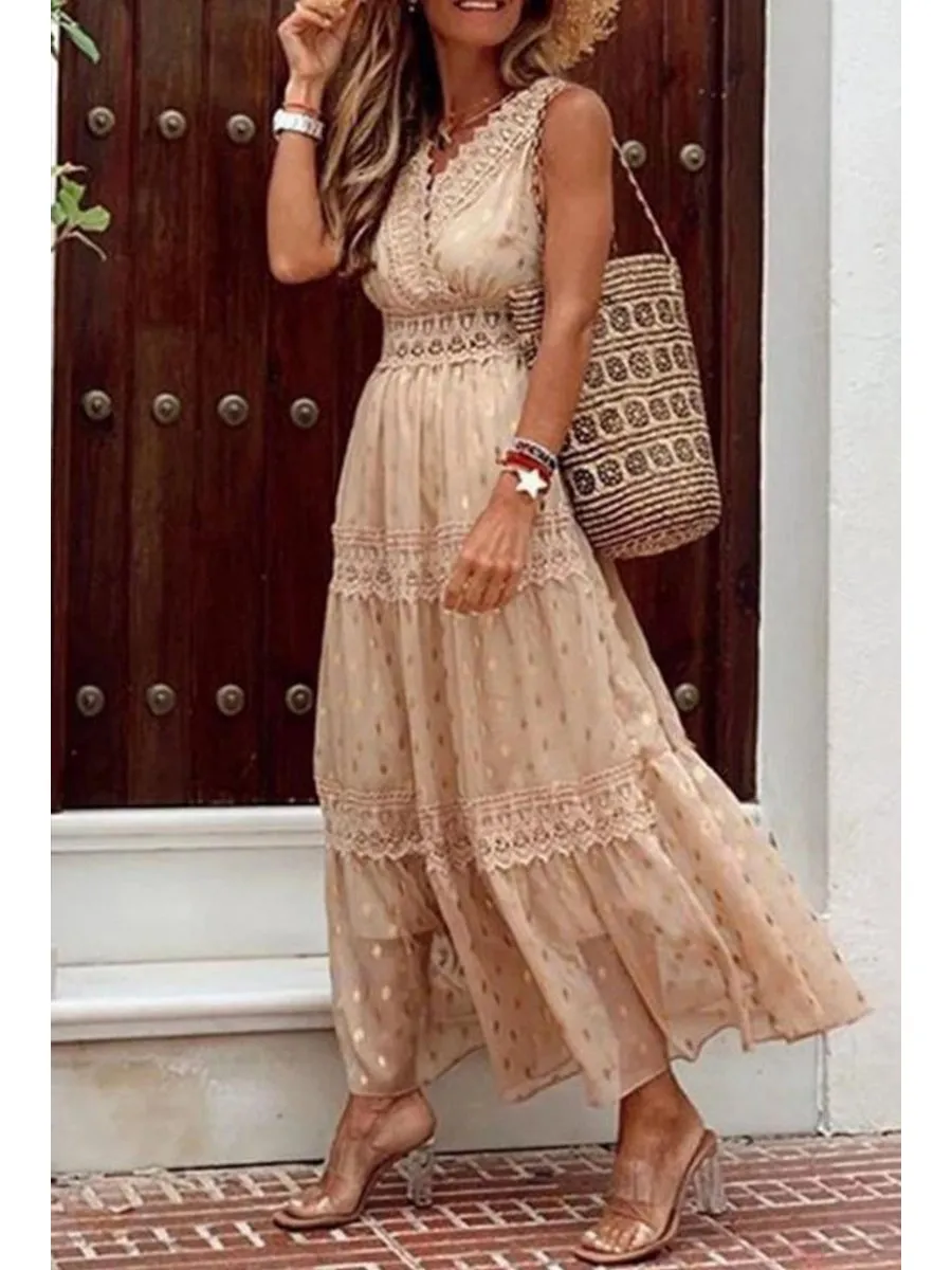 Stylish PolkaDots Print Lace V-Neck Maxi Dress