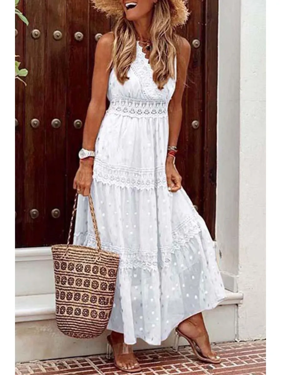 Stylish PolkaDots Print Lace V-Neck Maxi Dress