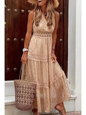 Stylish PolkaDots Print Lace V-Neck Maxi Dress