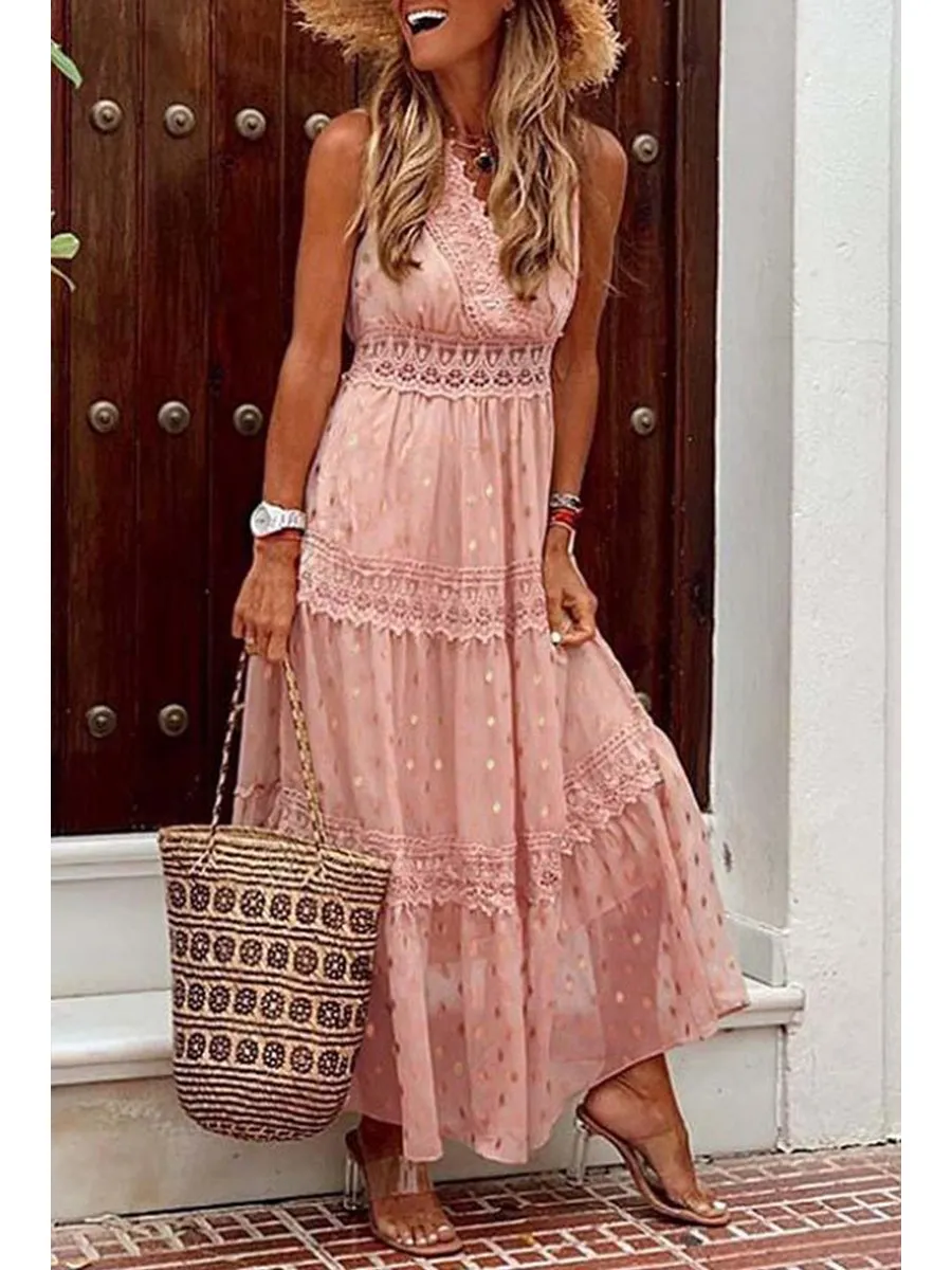 Stylish PolkaDots Print Lace V-Neck Maxi Dress