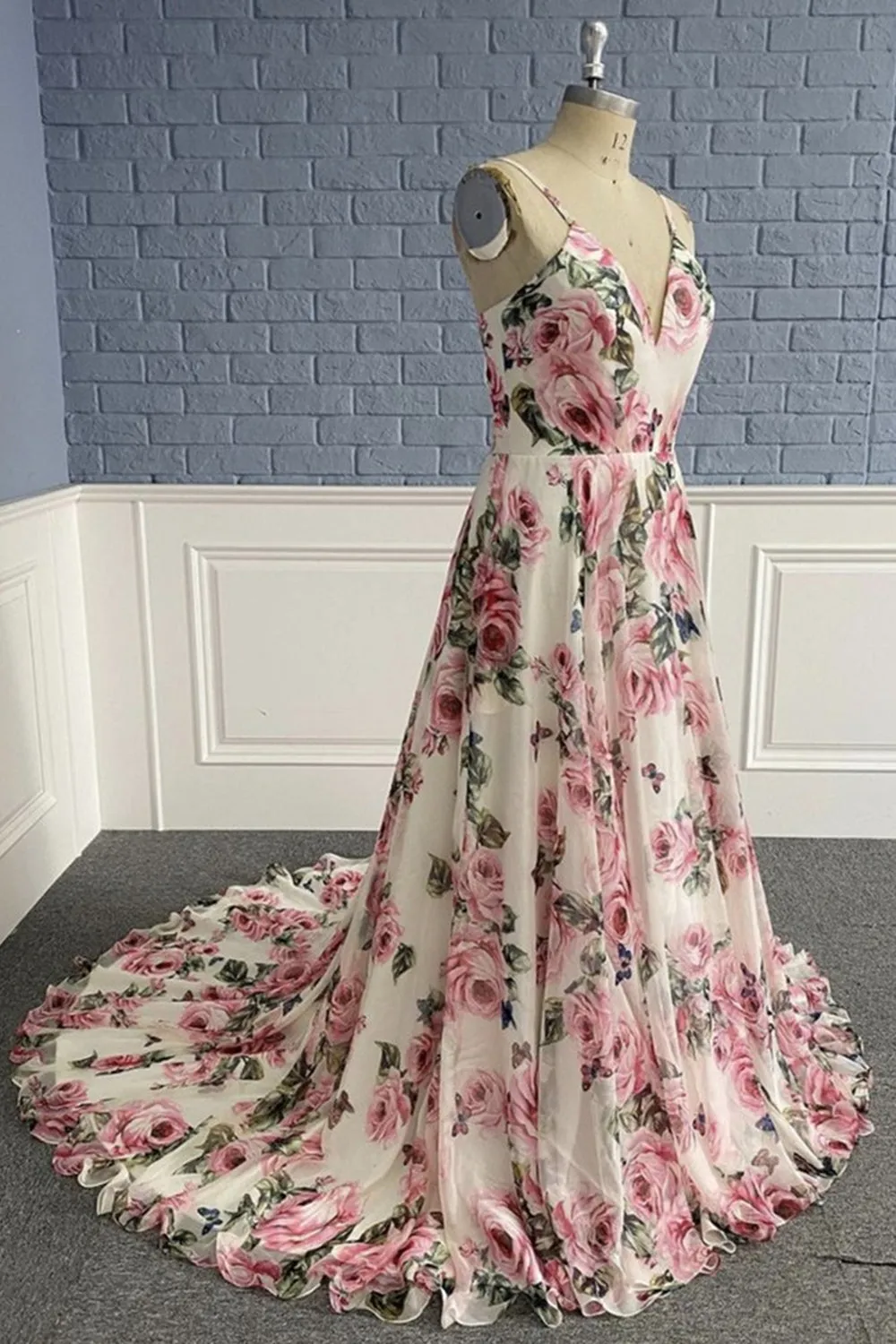 Stylish V Neck Backless Floral Pattern Long Prom Dress, V Neck Floral Pattern Formal Evening Dress