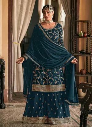 Teal and Gold Heavy Embroidered Stylish Palazzo Suit