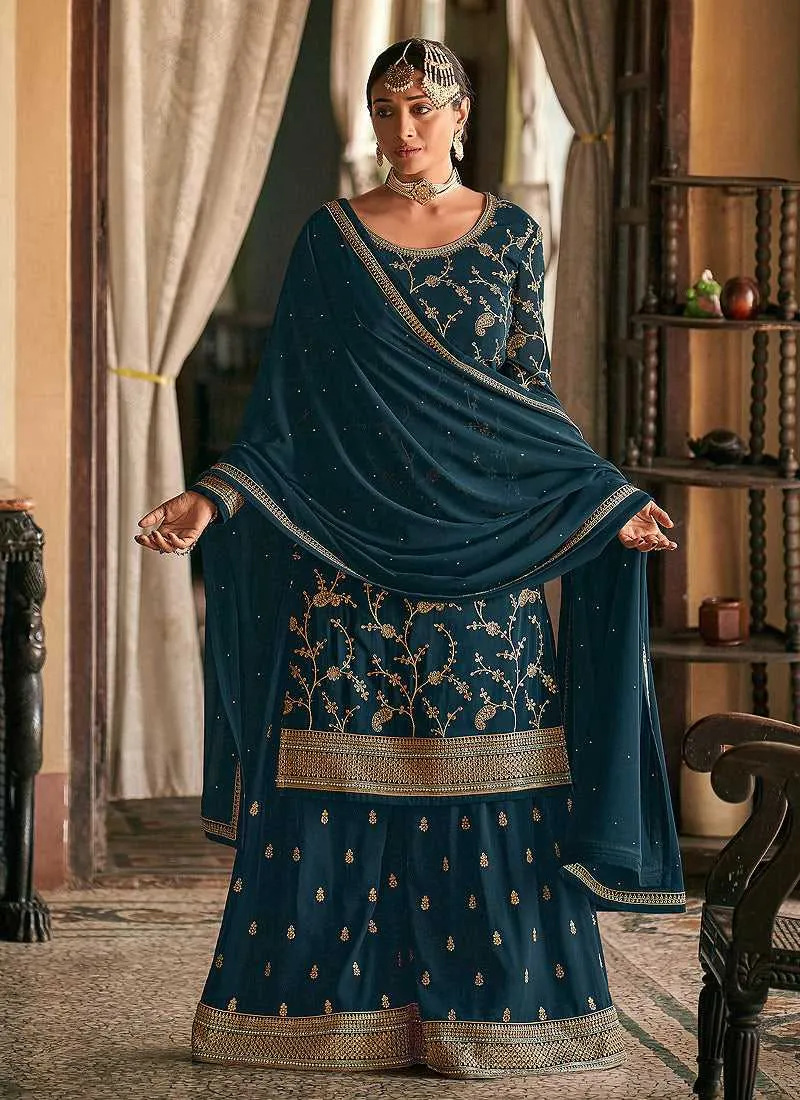 Teal and Gold Heavy Embroidered Stylish Palazzo Suit