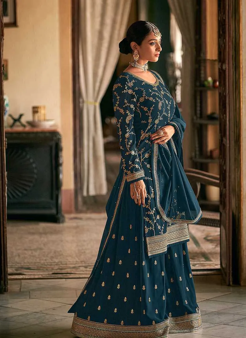 Teal and Gold Heavy Embroidered Stylish Palazzo Suit