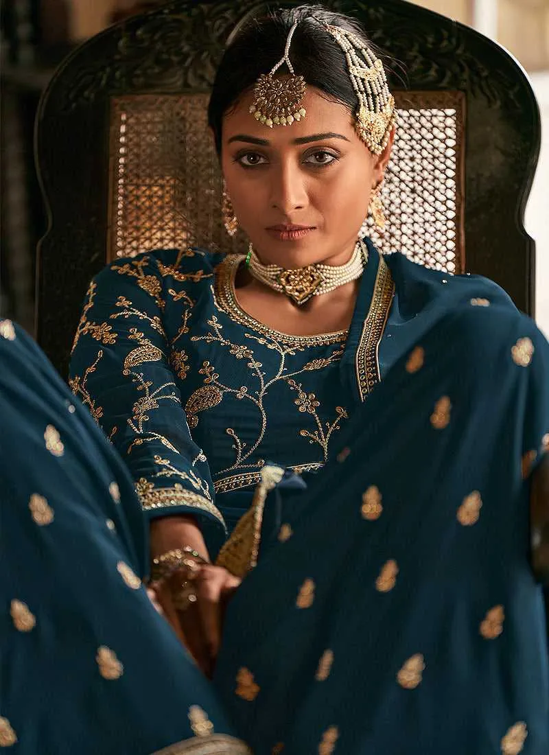 Teal and Gold Heavy Embroidered Stylish Palazzo Suit