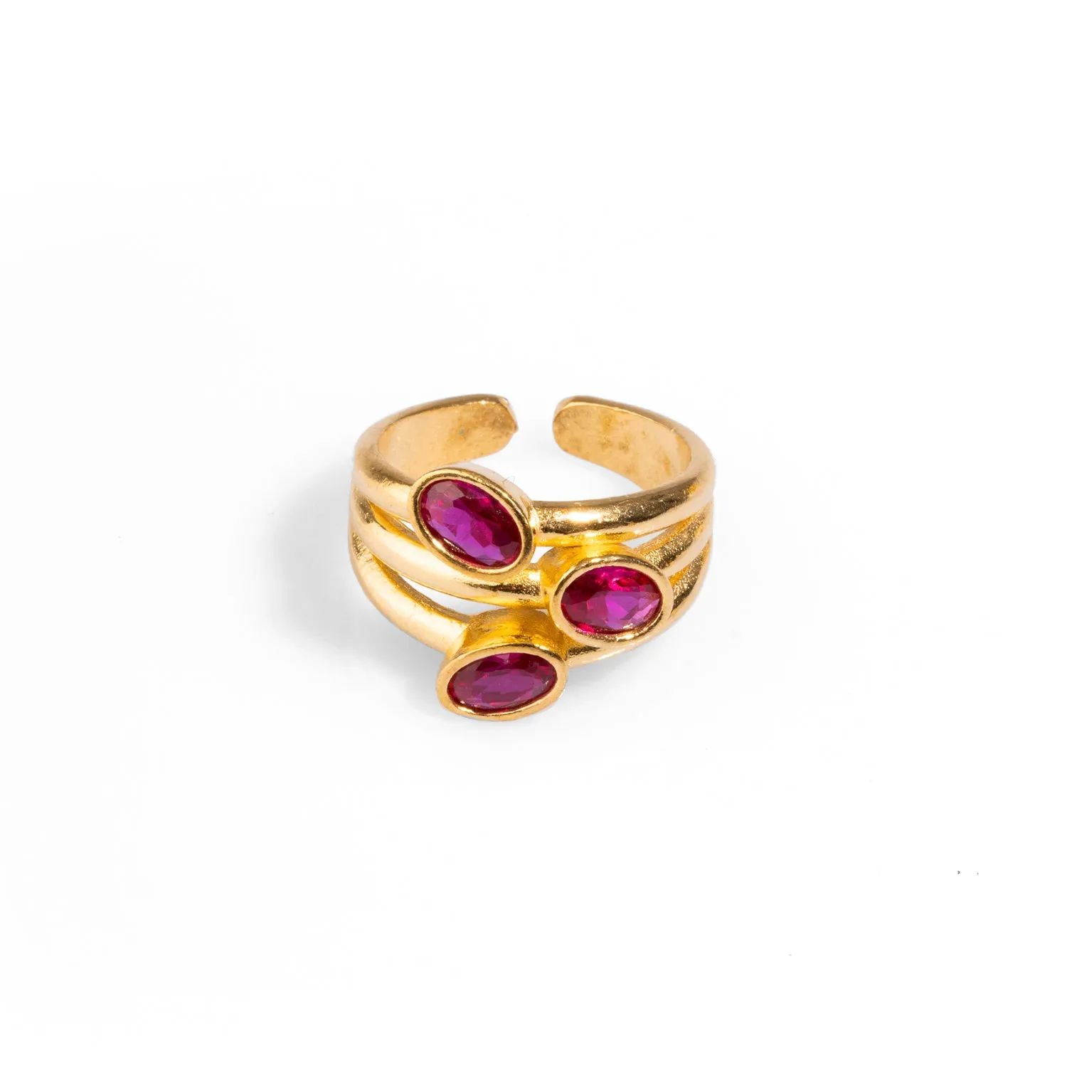 Trio Ruby Gemstone & Gold Stylish Adjustable Cocktail Ring