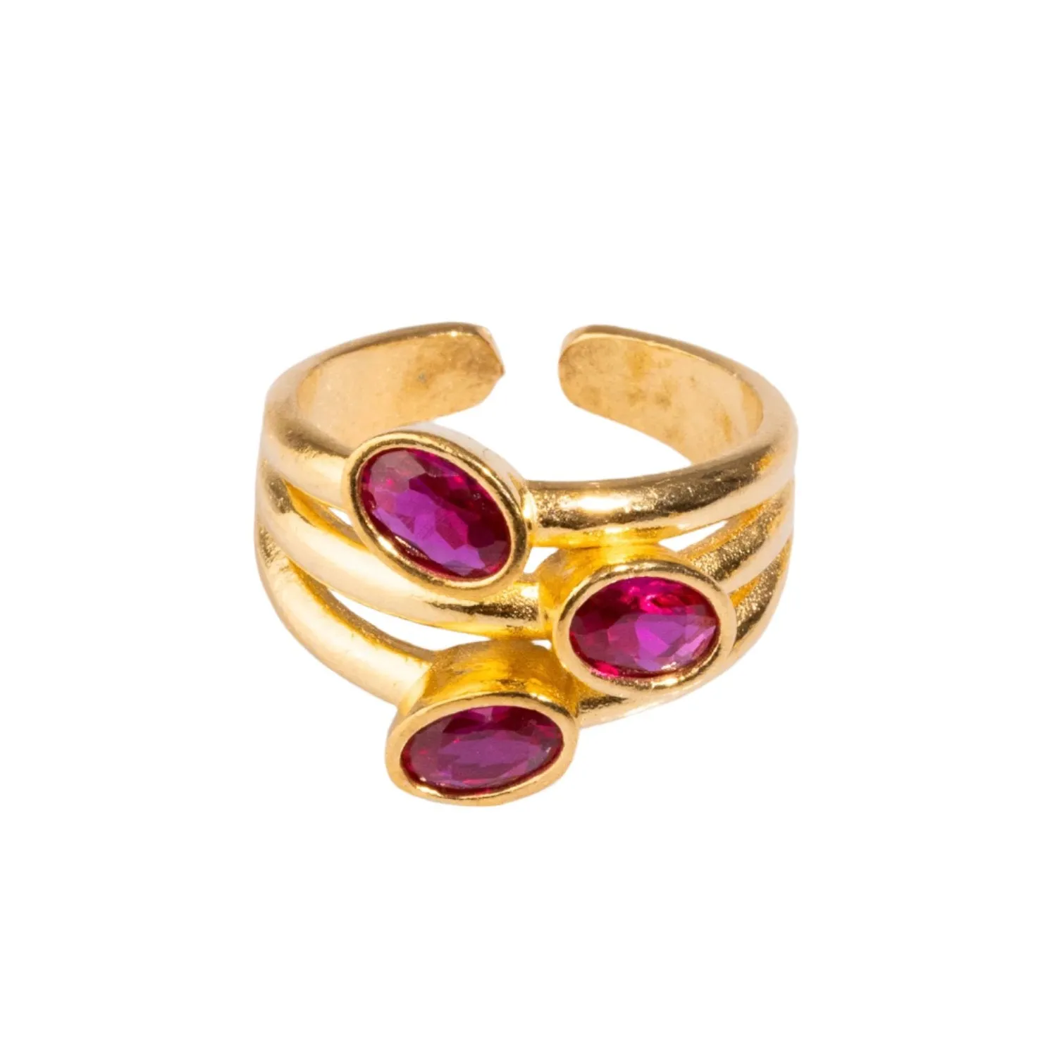 Trio Ruby Gemstone & Gold Stylish Adjustable Cocktail Ring