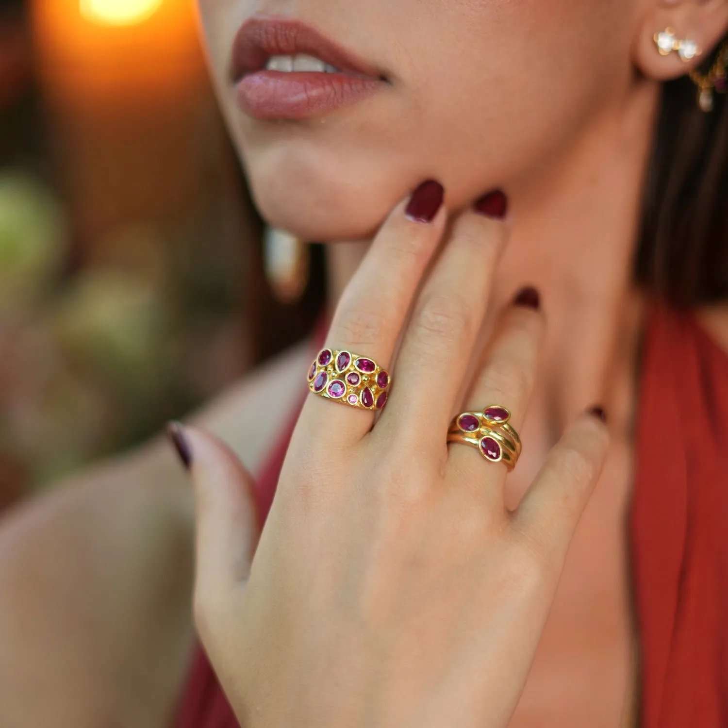 Trio Ruby Gemstone & Gold Stylish Adjustable Cocktail Ring