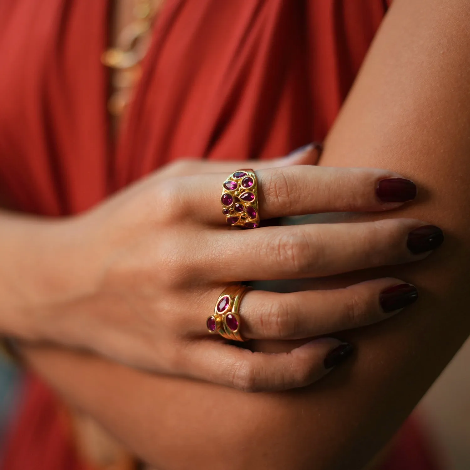 Trio Ruby Gemstone & Gold Stylish Adjustable Cocktail Ring
