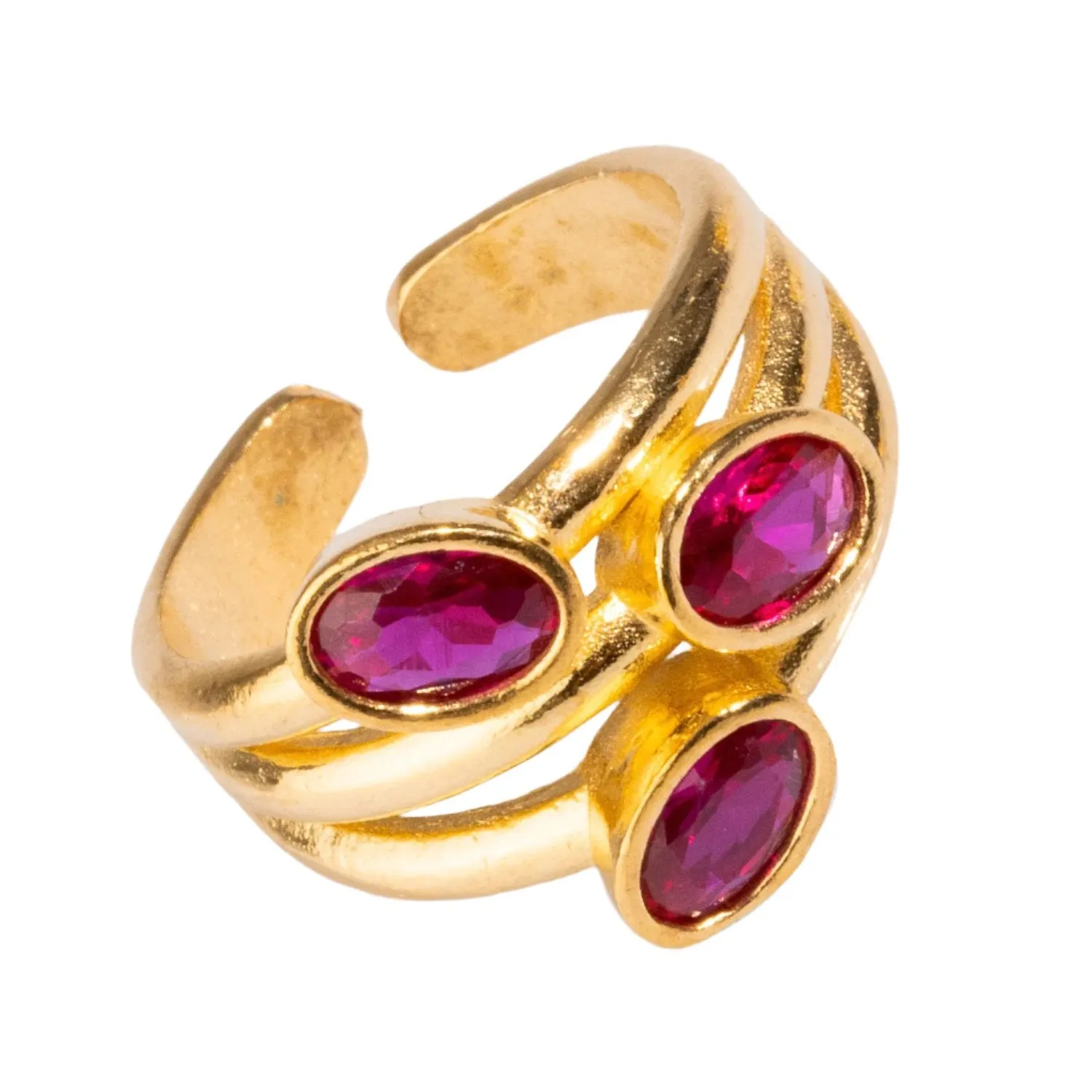 Trio Ruby Gemstone & Gold Stylish Adjustable Cocktail Ring