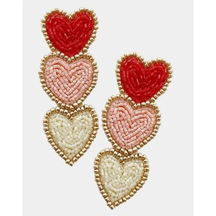 Triple Hearts Seed Bead Dangle Earrings – Sweet and Stylish! 💖✨.