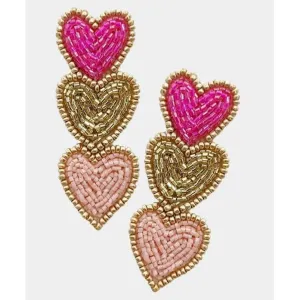 Triple Hearts Seed Bead Dangle Earrings – Sweet and Stylish! 💖✨.