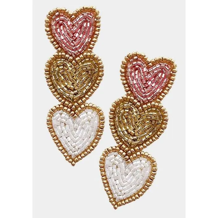 Triple Hearts Seed Bead Dangle Earrings – Sweet and Stylish! 💖✨.