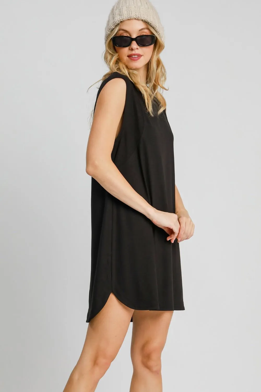 Umgee Round Neck Sleeveless High Low Curved Hemline Mini Dress