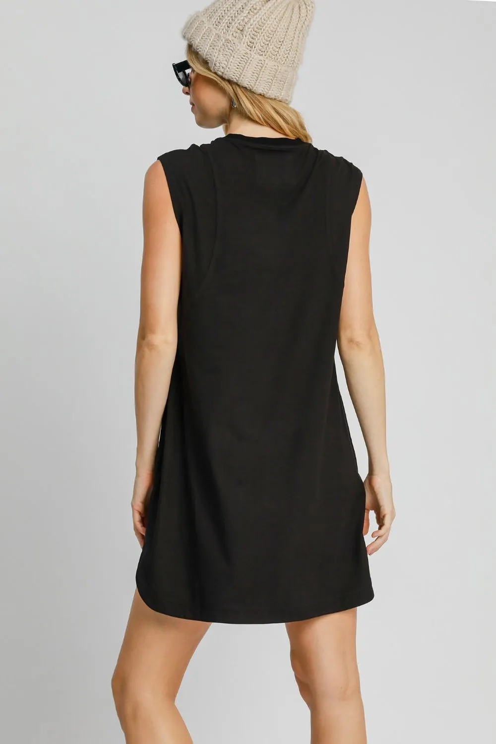 Umgee Round Neck Sleeveless High Low Curved Hemline Mini Dress