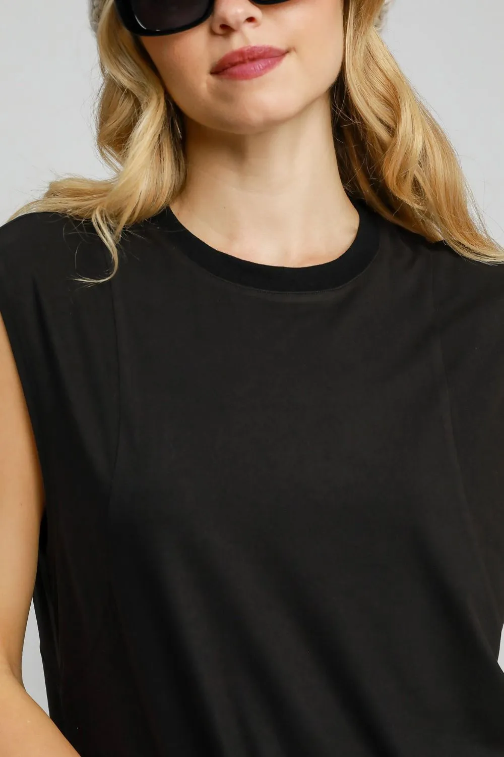 Umgee Round Neck Sleeveless High Low Curved Hemline Mini Dress