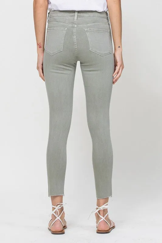 VERVET by Flying Monkey Mid Rise Denim Olive Skinny Fray Hem Jeans
