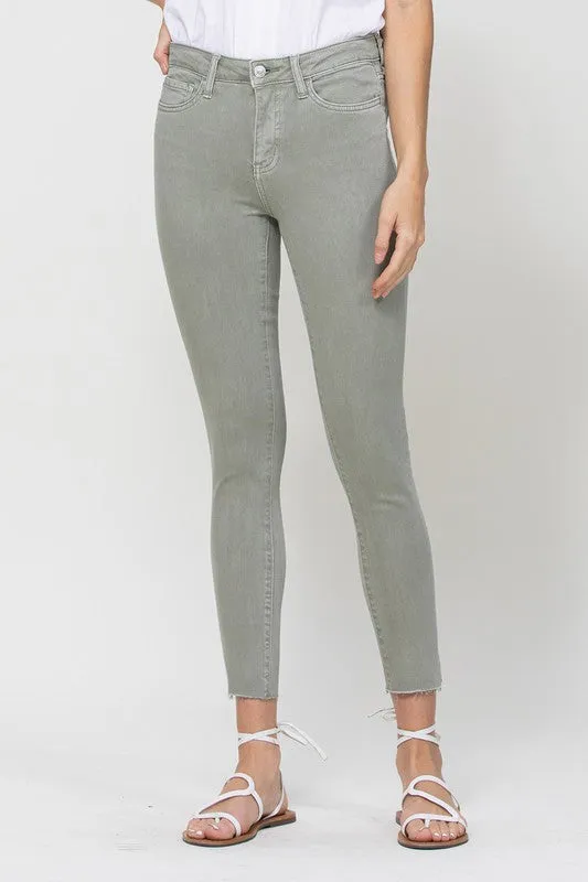 VERVET by Flying Monkey Mid Rise Denim Olive Skinny Fray Hem Jeans