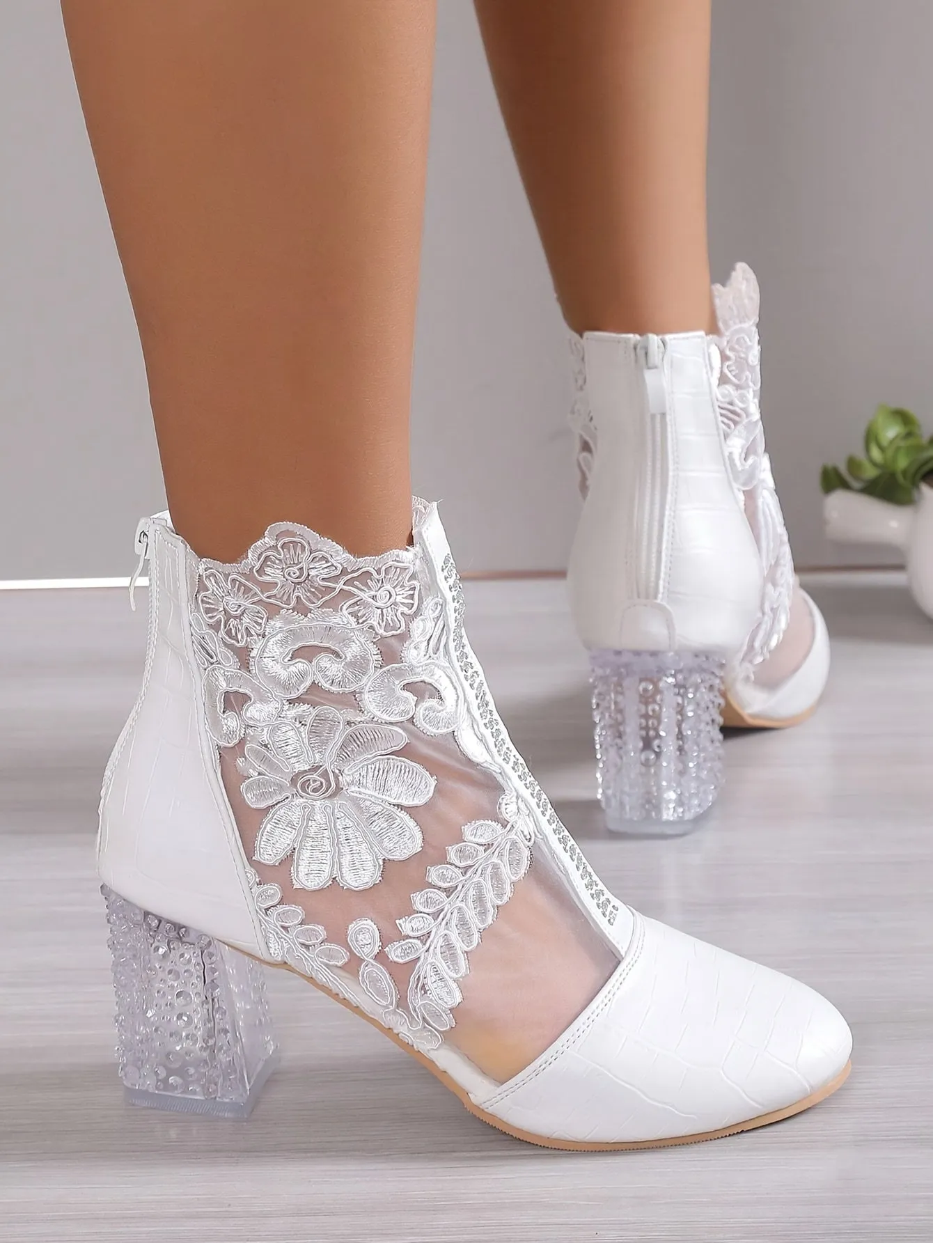VougeVamp Elegant Floral Lace Ankle Booties – Transparent Block Heel & Zip Closure