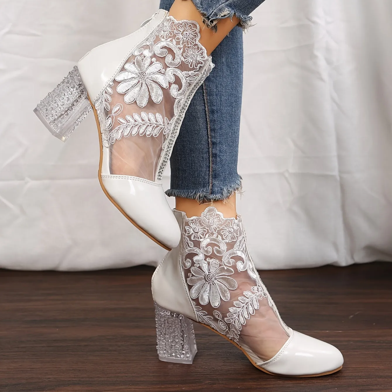 VougeVamp Elegant Floral Lace Ankle Booties – Transparent Block Heel & Zip Closure