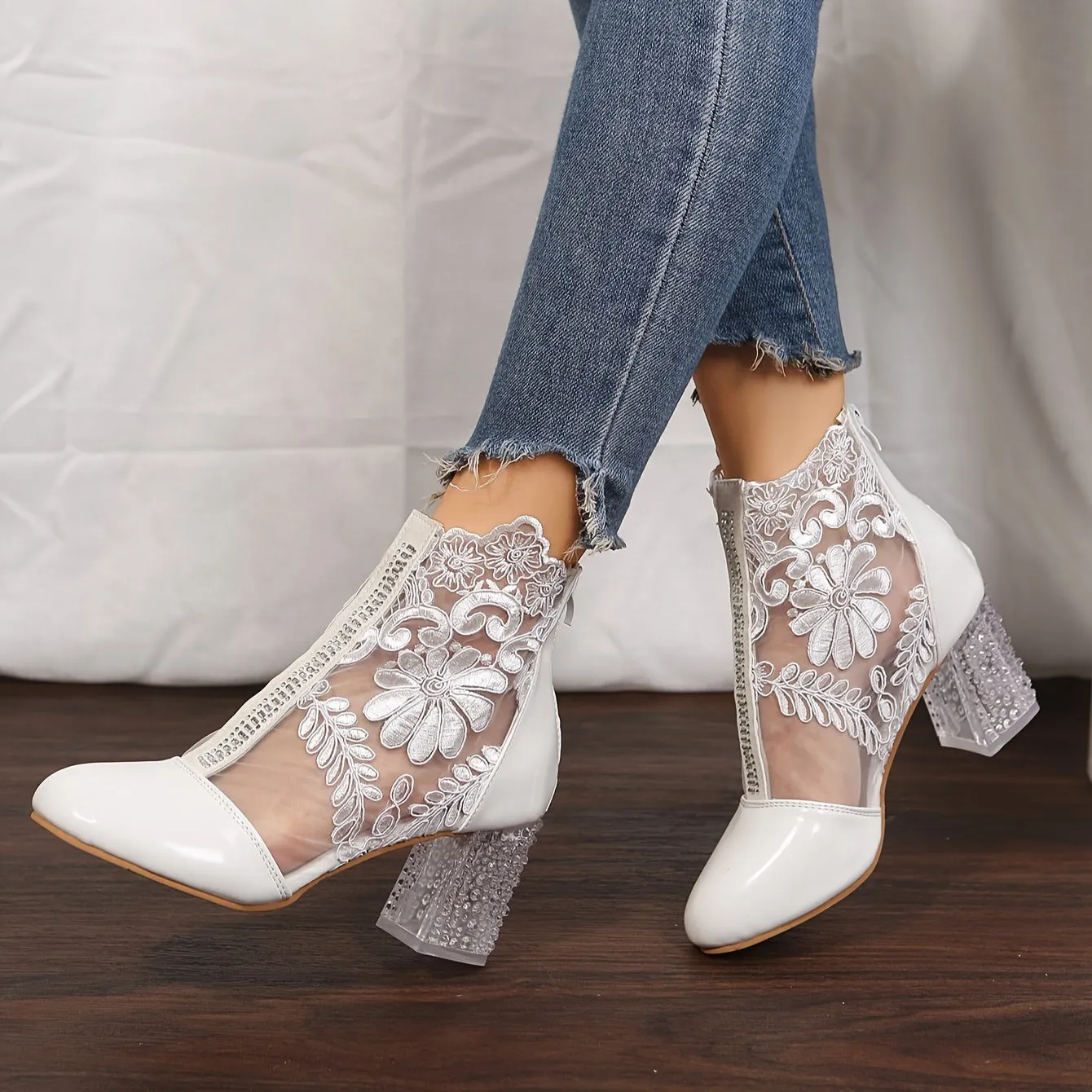 VougeVamp Elegant Floral Lace Ankle Booties – Transparent Block Heel & Zip Closure