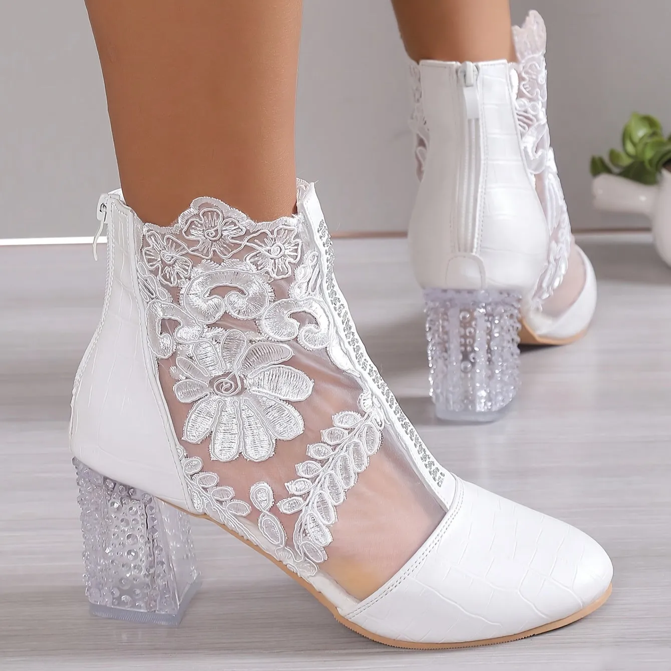 VougeVamp Elegant Floral Lace Ankle Booties – Transparent Block Heel & Zip Closure