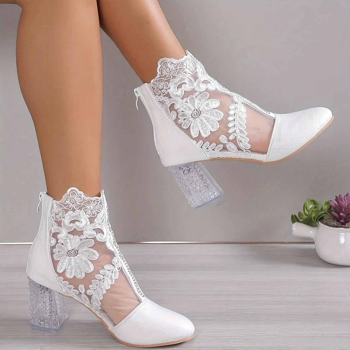 VougeVamp Elegant Floral Lace Ankle Booties – Transparent Block Heel & Zip Closure