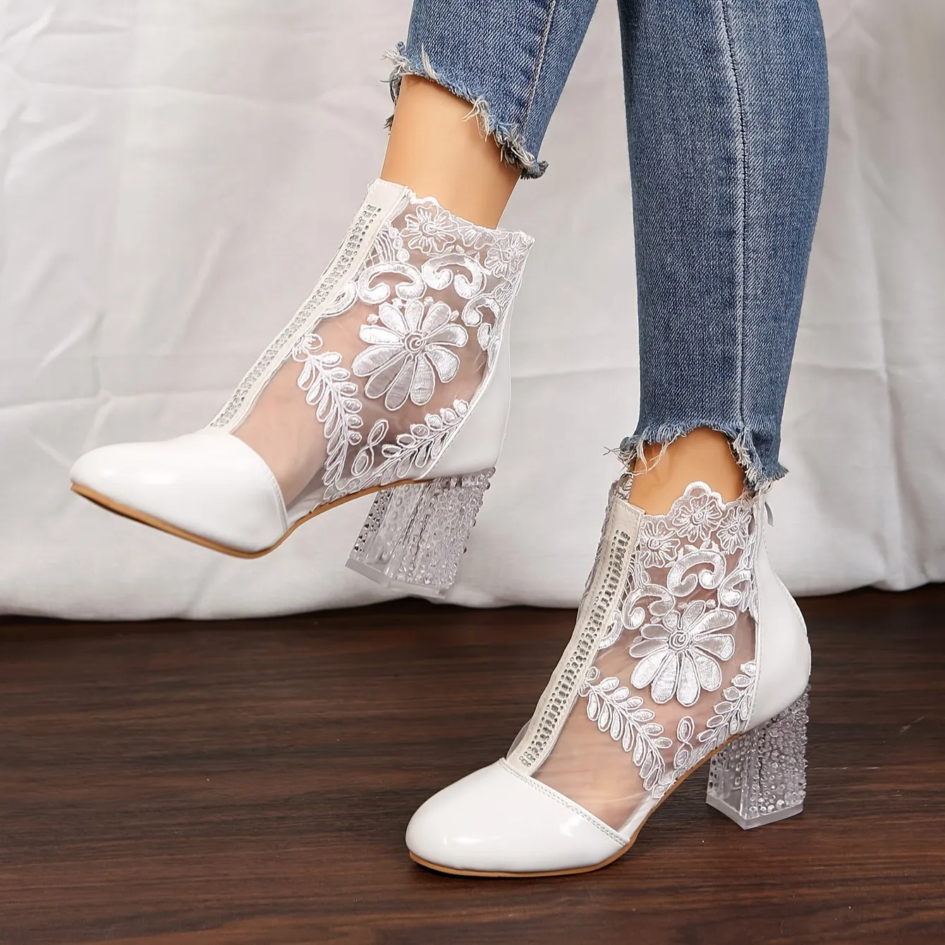 VougeVamp Elegant Floral Lace Ankle Booties – Transparent Block Heel & Zip Closure