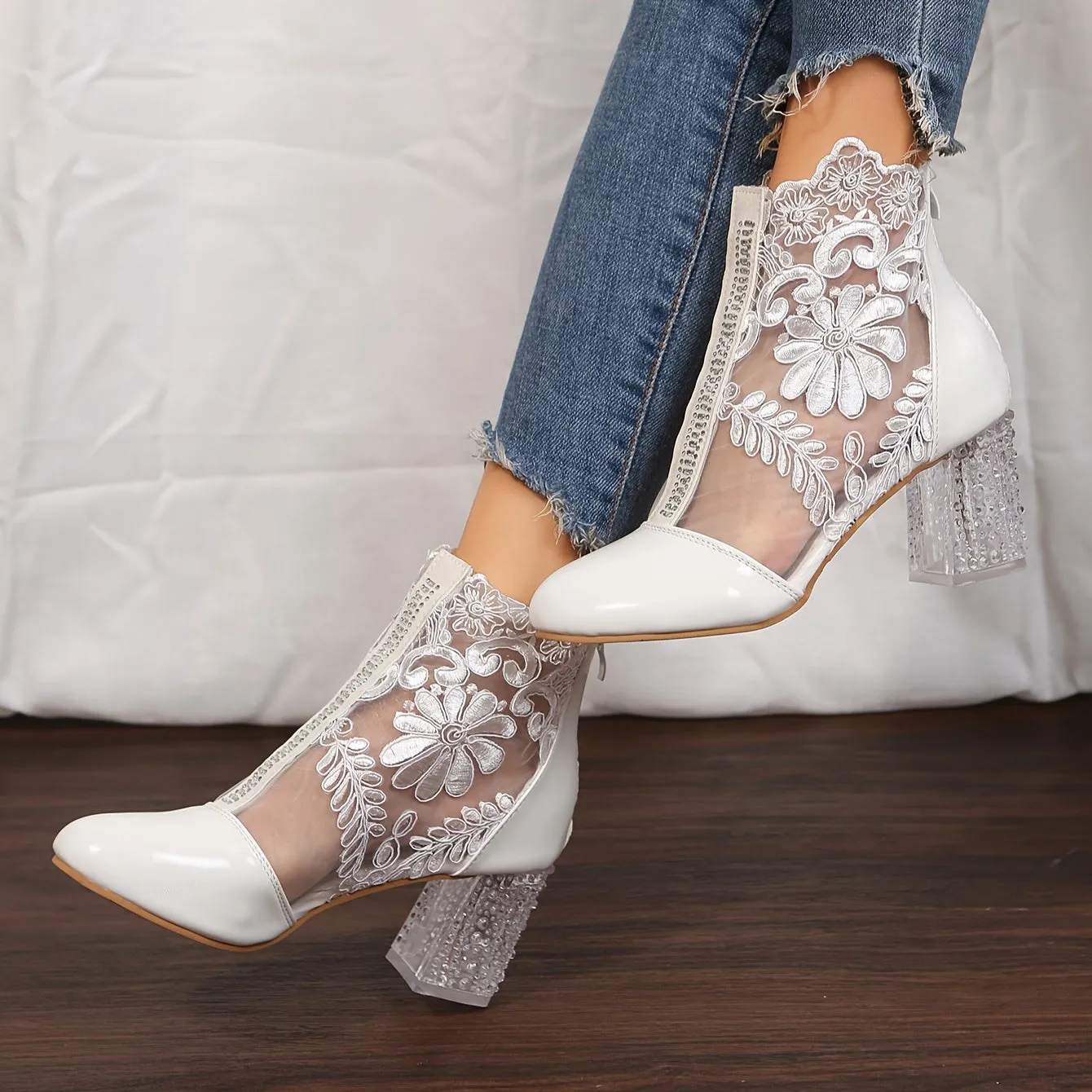 VougeVamp Elegant Floral Lace Ankle Booties – Transparent Block Heel & Zip Closure